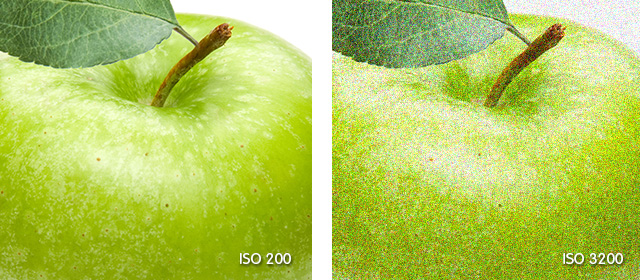 Dezelfde appel gefotografeerd op ISO 200 en ISO 3200