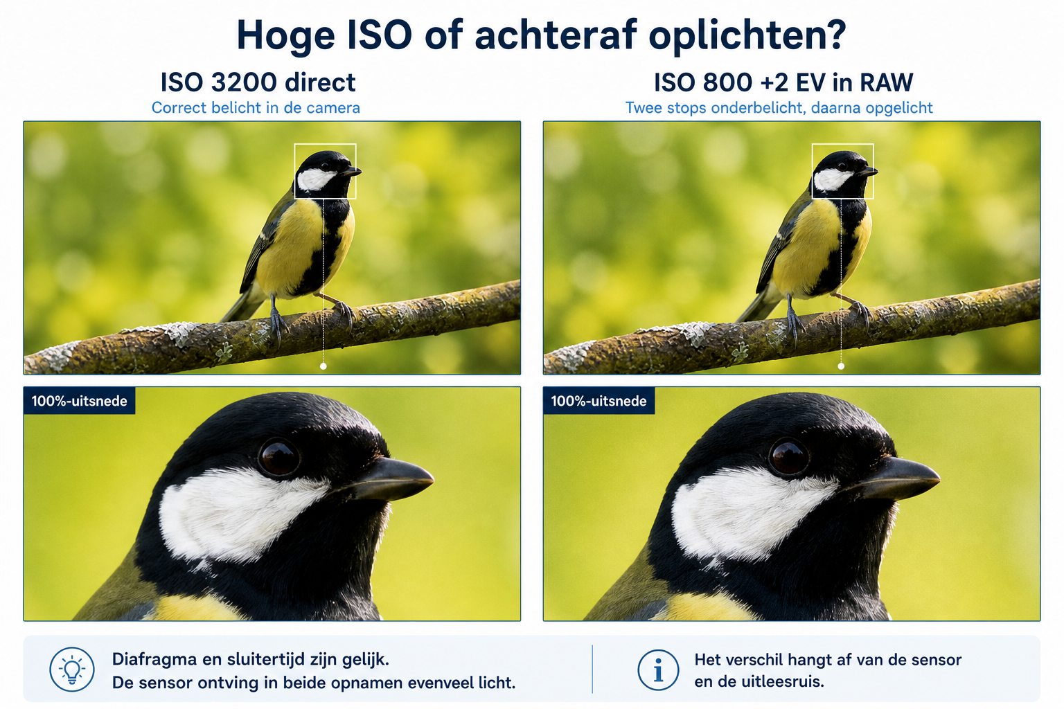 ISO 3200 direct vergeleken met ISO 800 twee stops onderbelicht en plus 2 EV opgelicht in RAW
