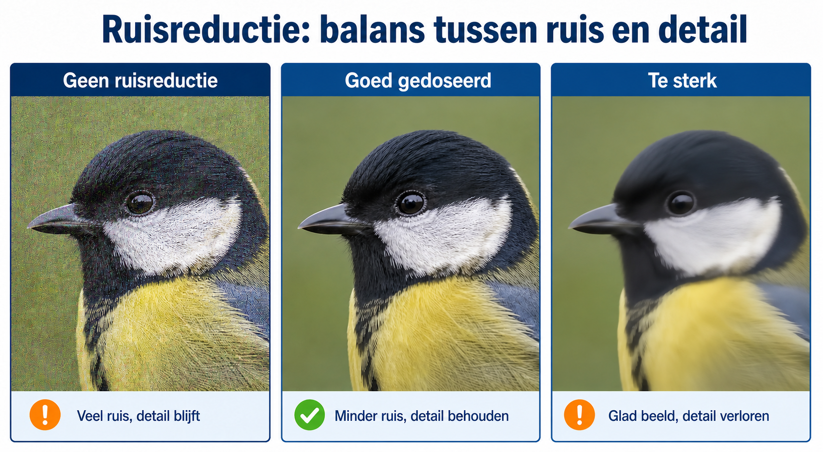 Geen, goed gedoseerde en te sterke ruisreductie vergeleken
