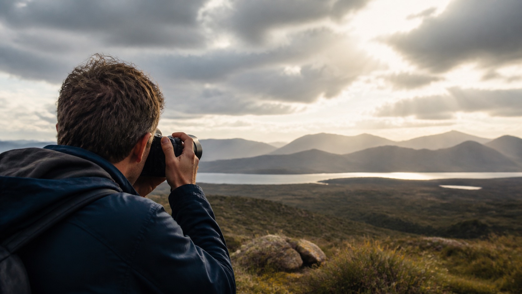 Fotograaf richt de camera op een landschap met een heldere lucht en donkere voorgrond