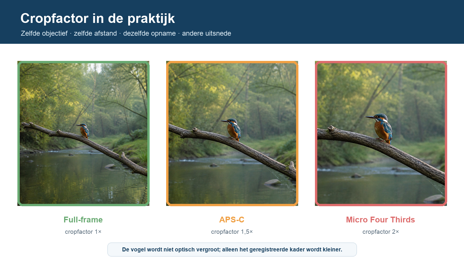 Dezelfde vogel gefotografeerd met verschillende sensorformaten