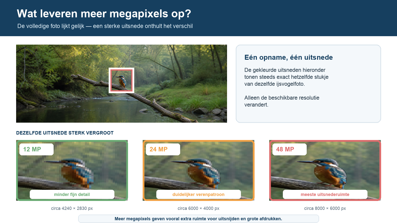Dezelfde ijsvogelfoto en uitsnede vergeleken bij 12, 24 en 48 megapixel