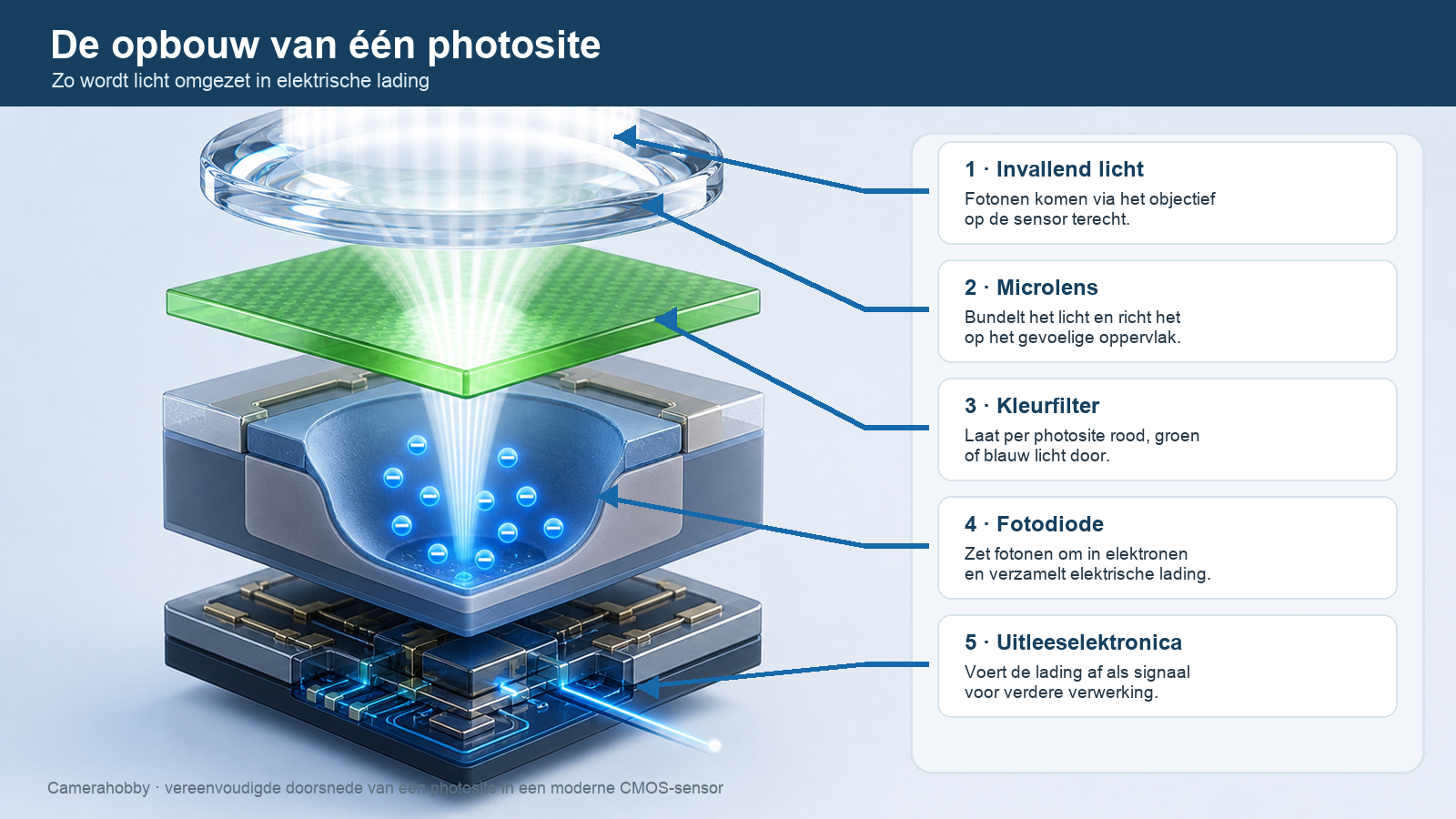 Doorsnede van een photosite met microlens, kleurfilter, fotodiode en elektronica