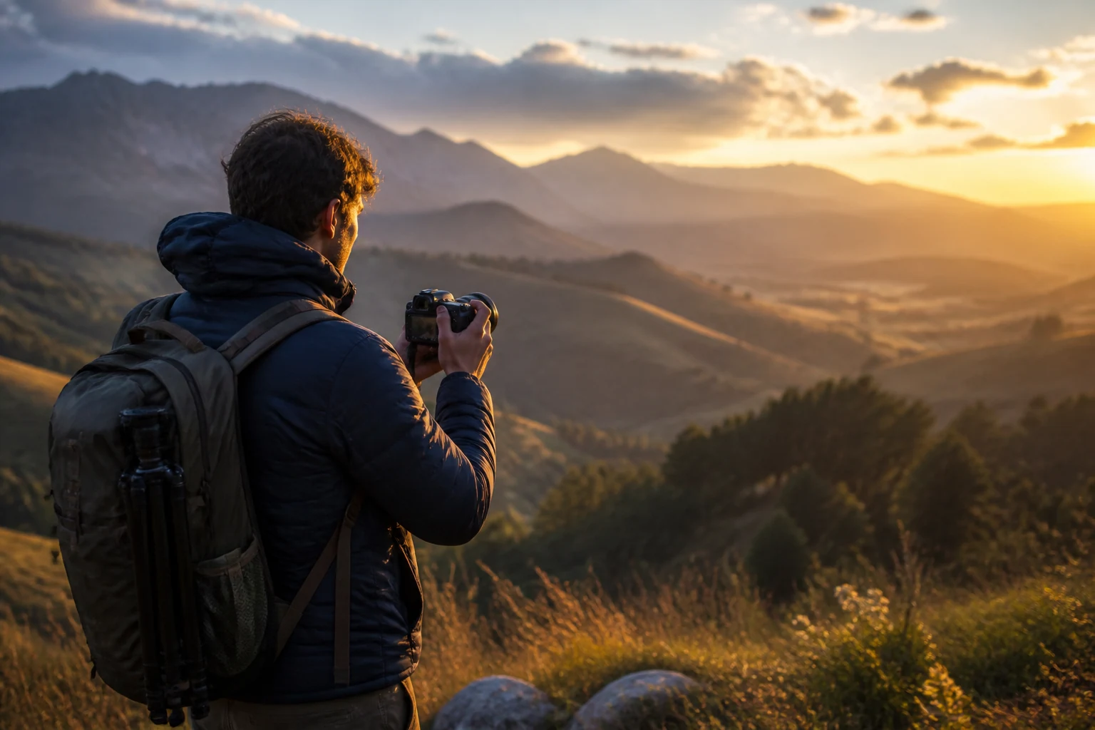 Fotograaf in een landschap met de lichtweg van lens naar sensor
